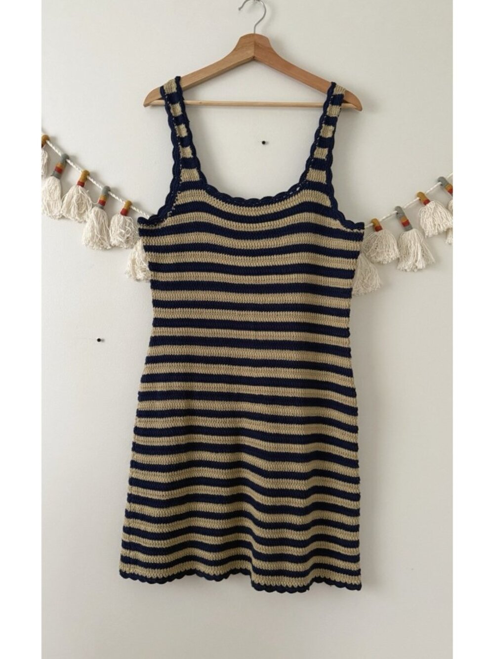 J. Crew Crochet Knit Scallop Trim Sweater Dress In Stripe Midi Beach Cottage XXL
